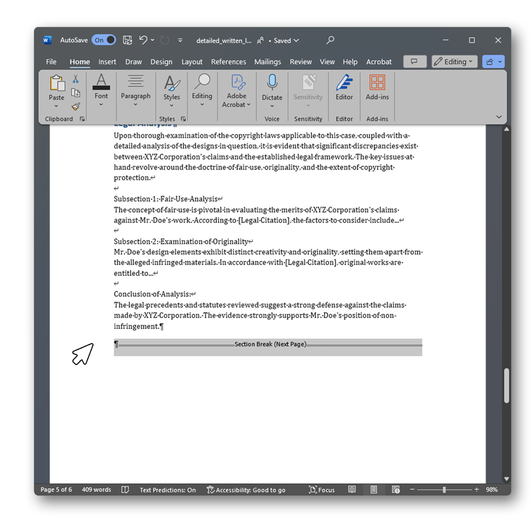 A screenshot of a Microsoft Word document displaying a section titled 'Legal Analysis' with a section break labeled 'Next Page' at the bottom. The cursor is shown as a white arrow icon on the left margin, near the section break, indicating the action of selecting the break.